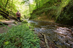 Ein Wanderer mit Rucksack geht auf dem Wanderpfad in der Ehrbachklamm Ein Wanderer mit Rucksack geht auf dem Wanderpfad in der Ehrbachklamm